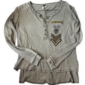 We The Free Olive Henley Waffle Knit Top with Patches XS